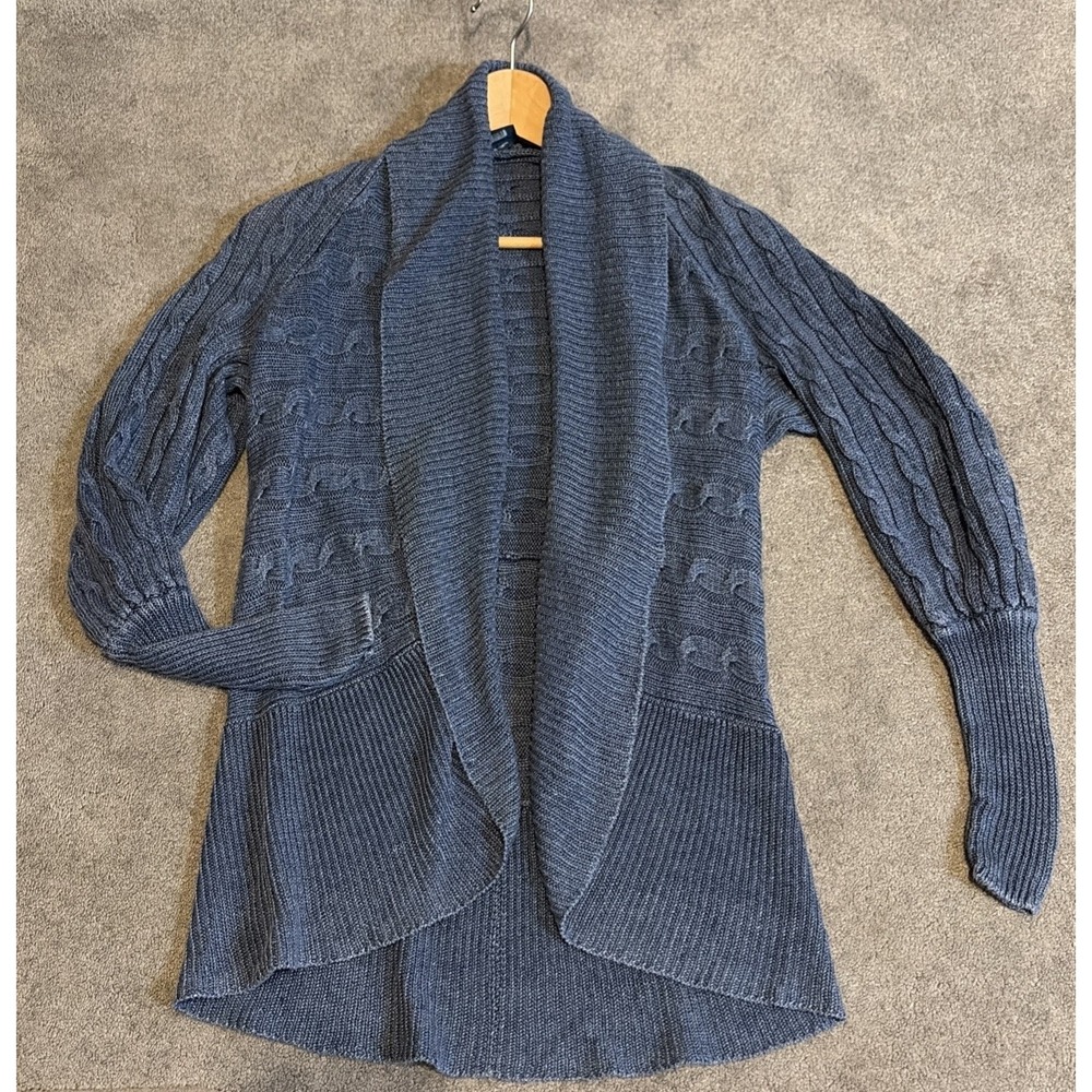 Ralph Lauren Vintage Linen Open Front Cardigan Cable Knit Italian Yarn Blue Sm